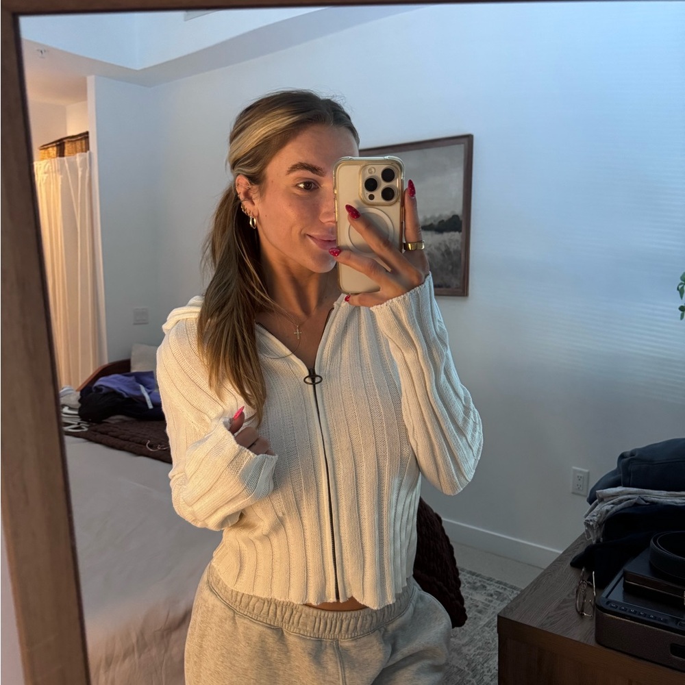 American Eagle Outfitters Cream Hooded Cardigan